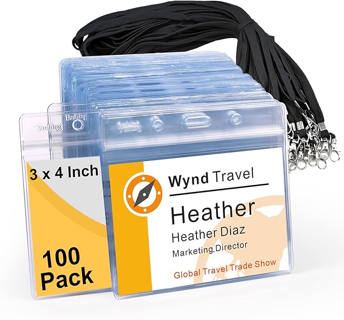 Name Badge Holders with Lanyards - Fushing 100Pcs Clear Plastic Horizontal Name Tag Badge ID Card Holders and Lanyards for 3 x 4 Inch Name Badge Inserts or Name Tag Inserts