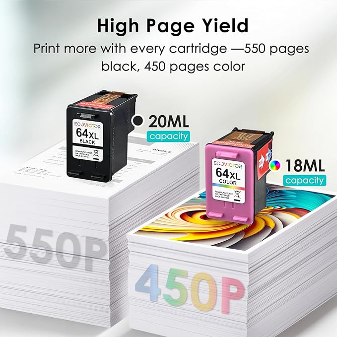 Remanufactured 64XL Ink Cartridges Black/Color Replacement for HP 64XL Ink Cartridge Combo Pack HP Ink 64 for Envy 7855 7858 7155 7800 6252 6255 7100 7164 7200e 7955e 7900e Tango X Printer