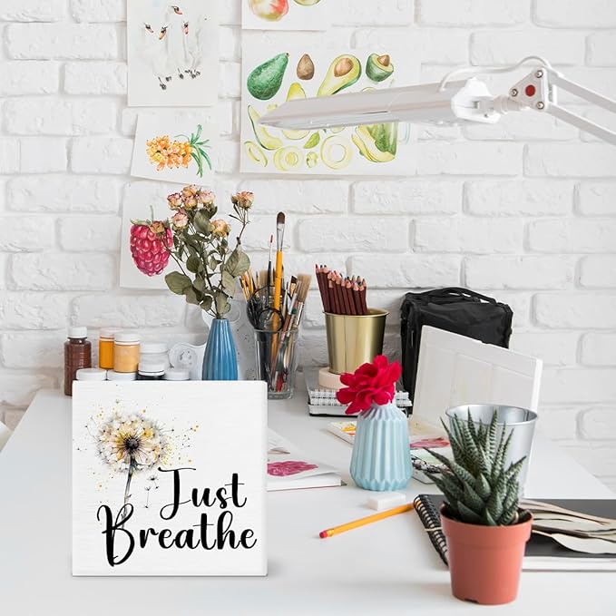 Just Breathe Decor Gift for Friend Cowrker to Relax Positive Dandelion Quote Decorations Home Office Wood Sign for Desk Table Shelf 5 x 5 Inches