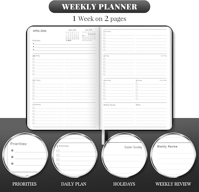 2026 Planner, Weekly and Monthly Planners, Faux Leather Daily Calendar 2026 Planner, 12 Month Agenda from Jan. to Dec., Hardcover Habit Tracker Journal 5.75" x 8.4"(Black)