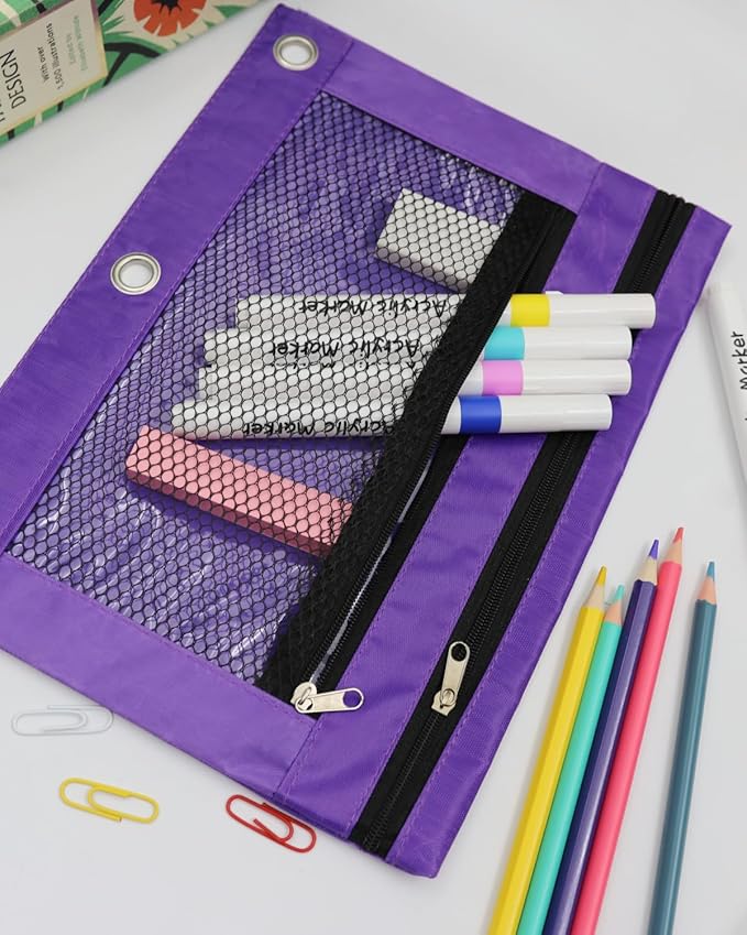 3 Ring Binder Pencil Pouch - School Pencil Case with 2 Zippered Pockets, Clear Mesh Window Pencil Bag, B5 Size, Back to School Gifts (Purple)