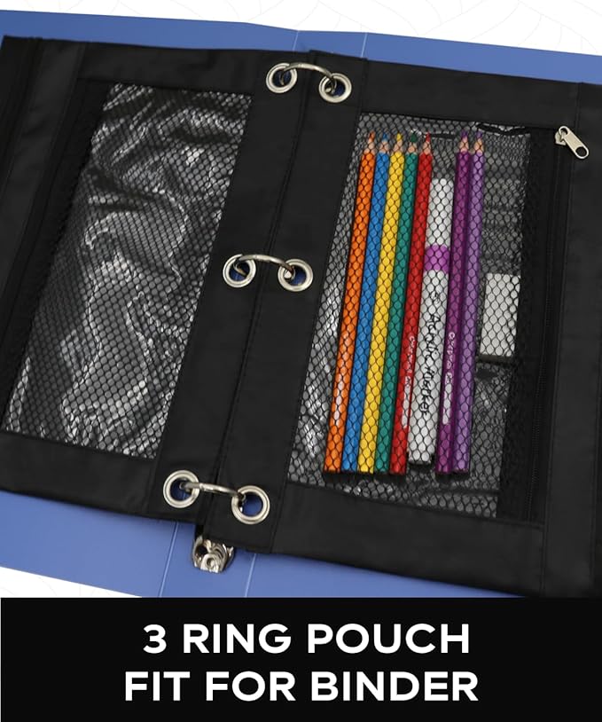 3 Ring Binder Pencil Pouch - School Pencil Case with 2 Zippered Pockets, Clear Mesh Window Pencil Bag, B5 Size, Back to School Gifts (Black)