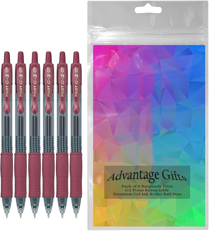 G2 Retractable Premium Gel Ink Roller Ball Pens Fine Point Fine Point (.7mm) Burgundy Ink 6-pk; Refillable & Premium Comfort Grip Bundle with Plastic Reusable Pouch