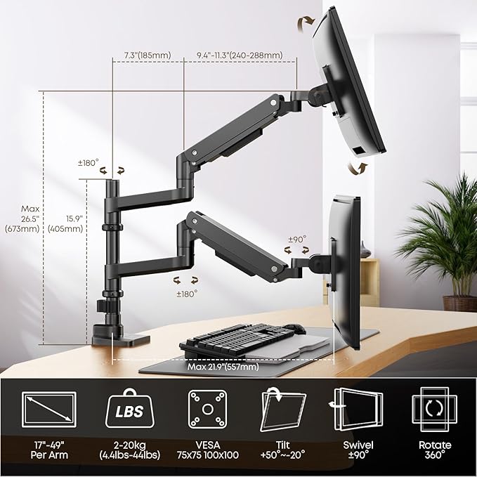 PUTORSEN 17-49 inch Premium Aluminum Heavy Duty Dual Monitor Arm for Ultrawide Screens up to 44lbs, Vertical Stacked Dual Monitor Desk Mount, Full Motion Dual Vertical Monitor Mount, VESA 75/100,Black