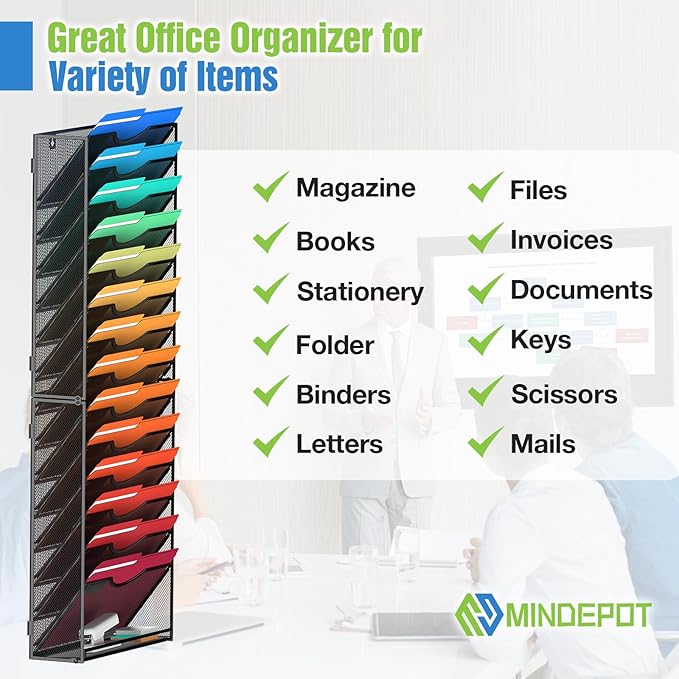 15 Tier Wall File Holder Hanging Wall File Organizer for Papers Mails Folders Document Magazine Organization, for Office School Home, Black