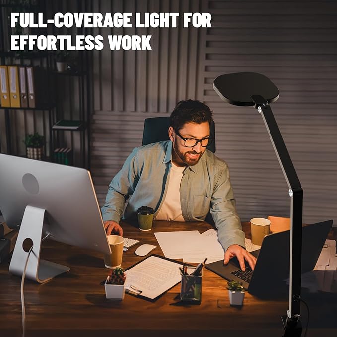 Led Desk Lamps for Home Office, Eye-Care Architect Light with Clamp, Dimmable Zoom Lighting with 3 Color Modes & 10 Brightness, Smart Computer Ring Light for Video Calls, Conference, Reading