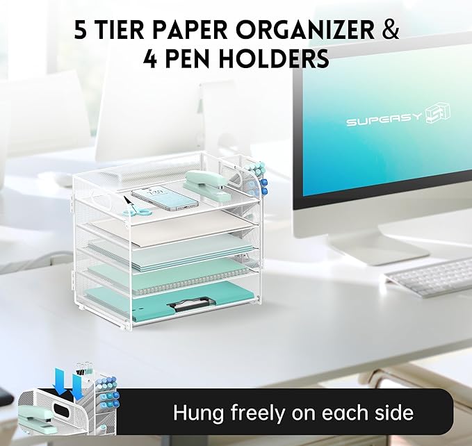 SUPEASY 5 Tier Desk Organizer with Handle & Removable Pen Holders, Mesh Paper/File Organizer for Desk, Paper Letter Tray Organizer for Office Supplies (White)