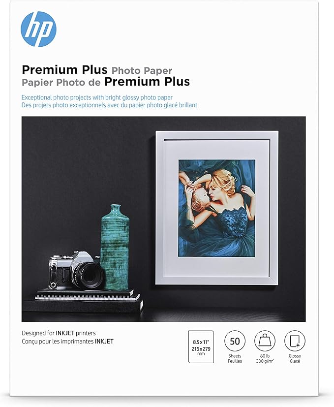 HP Premium Plus Photo Paper, Glossy, 8.5x11 in, 50 sheets (CR664A), White, Pack 1