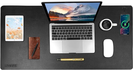 Wireless Charging Mouse Pad with for Desktop Charging Large Desk Mat 36"x17" Waterproof Black Leather Computer Mat Mousepad Non-Slip Protector on Top of Desks for Keyboard and Mouse(Black-R)