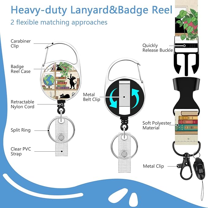 Cute Cat Lanyard with Id Holder,Bookshelf ID Badge Holder with Retractable Lanyard, ID Holder with Badge Reel Clips, Animal Keychain Name Tag ID Card Holder Teacher Women Doctor Office Gift