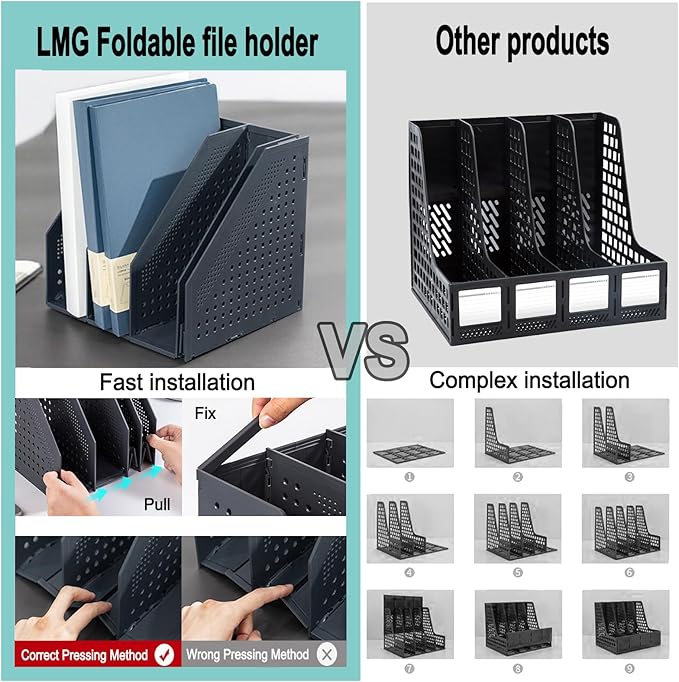 Lemical Magazine Holder 4 Vertical Compartments Collapsible Magazine File Holder Space Saving Rack Home Kitchen Desk Organizer No Need Assemble (Black)
