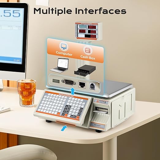 Bonvoisin Label Printing Scale 66lbs Capacity Price Computing Scale Pole Display with Label and Receipt Printer Commercial Barcode Scale for Retail Store, Supermarket and Farm