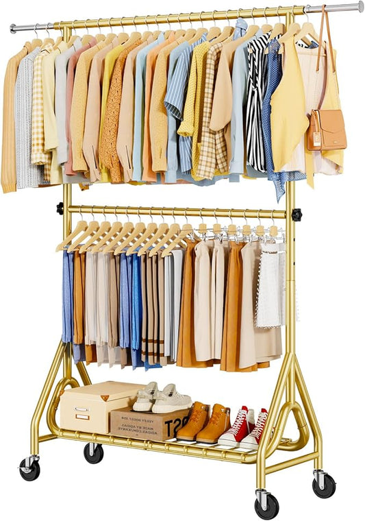 Double Rods Clothing Rack, Heavy Duty Clothes Rack for Hanging Clothes Load 560LBS, Metal Rolling Garment Racks with Wheels, Freestanding Clothes Hanging Racks, Gold