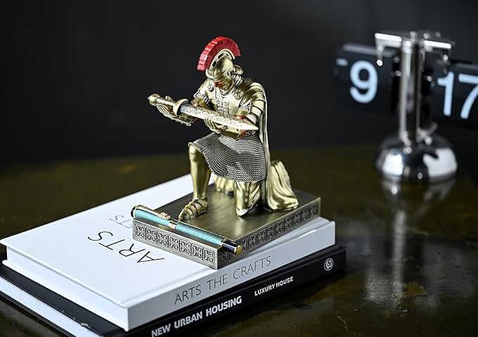 Roman Praetorian Prefect Warrior Knight Pen Holder Desk Ornament Resin Praetorian Guard Mobile Phone Stand Desk Accessories and Organizer for Office with a Letter Opener (Bronze)