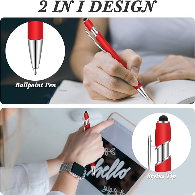 Tenare 12 Pieces 2 in 1 Stylus Metal Ballpoint Pen with Stylus Tip, 1.0 mm Black Ink Ballpoint Pen for Touch Screens(Red)