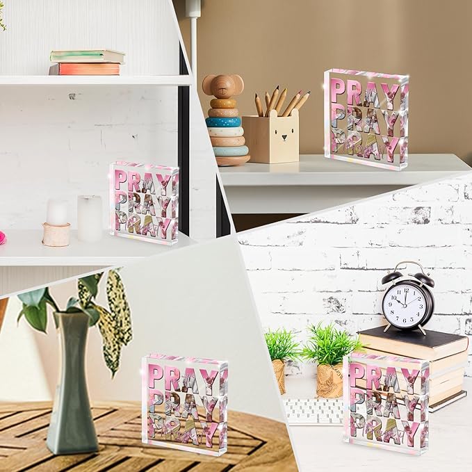 Religious Gifts for Women, Pink Inspirational Decor Pray Over It Bible Verse Art Christian Gifts, 4x 4 Inches Office Desk Accessories Decor Sign