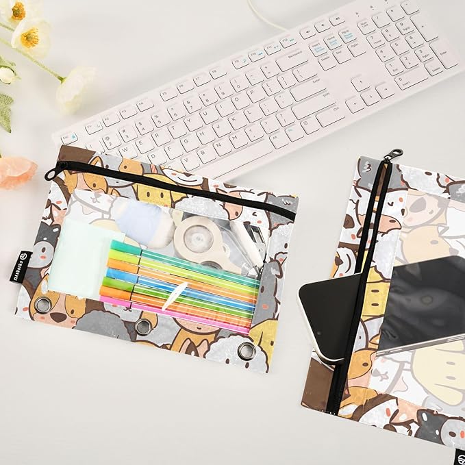 ZAZYXTJ Personalized Cute Dog Binder Pencil Pouchs 3 Ring with Zipper Clear Window Office Organizers bag for School Students Teacher Supplies 2 Pack