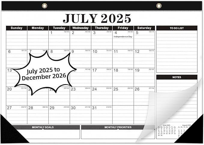 Tcamp Desk Calendar 2025-2026 from July 2025 to December 2026, Large 17" x 12" Wall Calendar with Julian Dates, 18 Months Desk Planner for Home School Office Desktop, Christmas Gifts