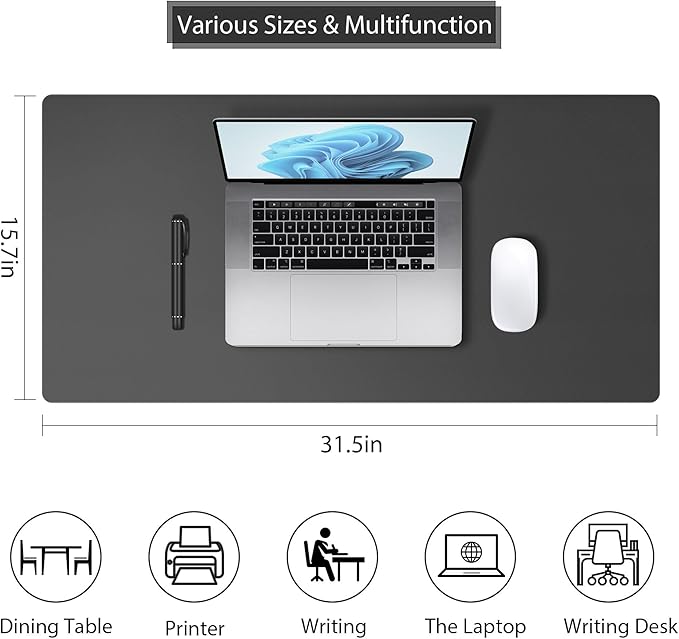 Leather Desk Pad Protector, PU Leather Large Mouse Pad for Desk, Non-Slip Desk Mat for Home and Office, Waterproof Laptop Computer Desk Blotter for Keyboard and Mouse, Deep Grey (15.7''X31.5'')