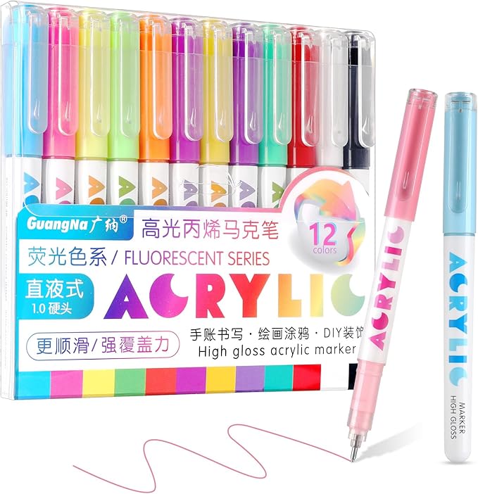 kander Direct High Gloss Acrylic Marker, 12 Colors Acrylic Paint Pens with Bullet Tip, Nicety Fine Tip Gel Pens for Teenagers, Multi-Purpose Art Supplies for Rock Painting, Crafts, DIY