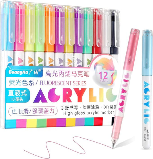 kander Direct High Gloss Acrylic Marker, 12 Colors Acrylic Paint Pens with Bullet Tip, Nicety Fine Tip Gel Pens for Teenagers, Multi-Purpose Art Supplies for Rock Painting, Crafts, DIY