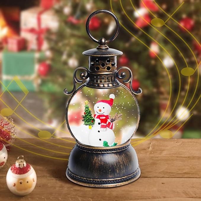 Christmas Snow Globes, Snowman and Christmas Tree Christmas Lantern with 8 Songs, 6H Timer Battery & USB Powered Glitter Music Box for Christmas Table Decorations Holiday