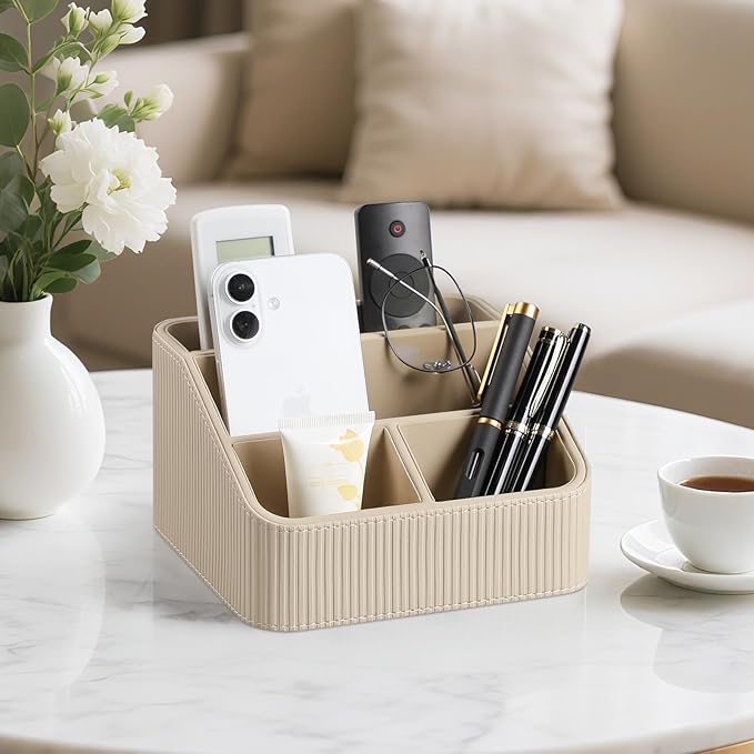 Remote Control Holder with 4 Compartments, PU Leather Small Nightstand Organizer for Home Desk Accessories Office Supplies, Multifunctional Stylish Small Bedside Desktop Organizers (Beige)
