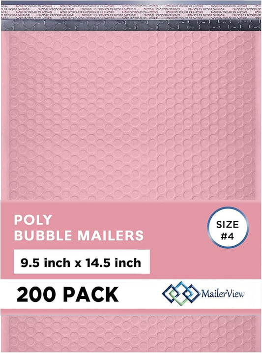 Light Pink Large Poly Bubble Mailers 9.5x14.5 inch #4 | Self Seal Padded Envelopes Cushioned Bubble Mailer | Usable Size 9.5x13.5 | WaterProof | Lightweight mailing Shipping Bags | 200 Pack Bulk