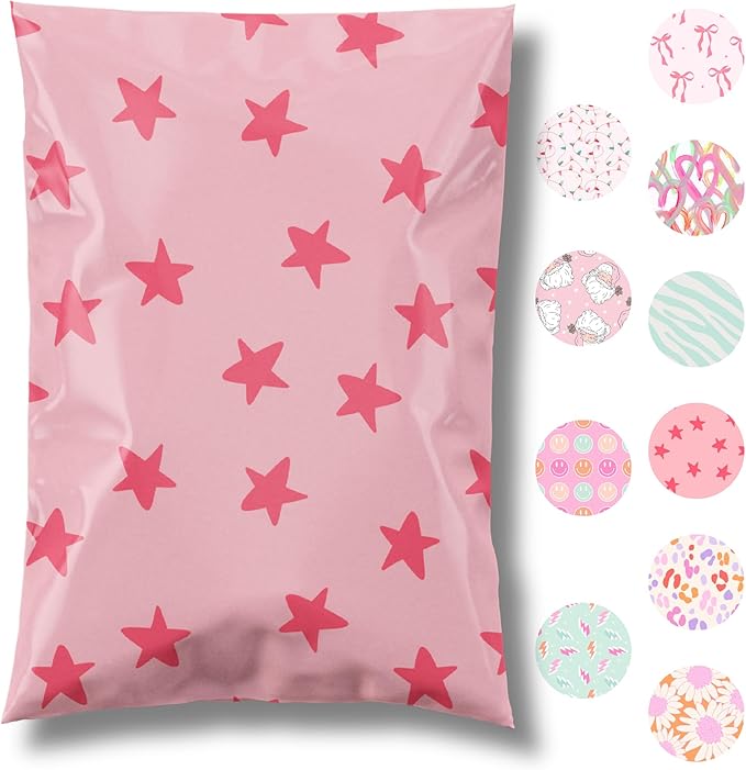 6x9 Designer Poly Mailer 100 Pack Heavy Duty Waterproof Self Seal Shipping Bags for Small Business Large Mailing Envelopes Bulk Tear Resistant Cute Packaging Seeing Stars Pink