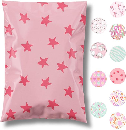 6x9 Designer Poly Mailer 100 Pack Heavy Duty Waterproof Self Seal Shipping Bags for Small Business Large Mailing Envelopes Bulk Tear Resistant Cute Packaging Seeing Stars Pink