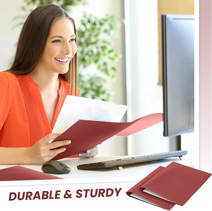 Yeaqee 30 Plastic Folders with Pockets and Prong Plastic Folders with 2 Pockets Pocket for Office, School for Students, Teachers, Office Workers (Dark Red)