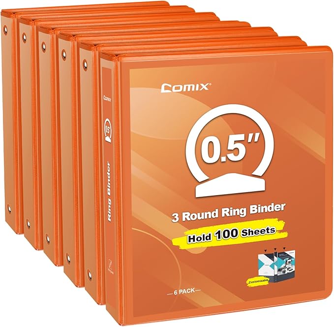 COMIX 3 Ring Binder 1/2 inch with Clear View Cover, 0.5" View Binder Holds 100 Sheets of US Letter Size Paper, 6 Pack (Orange)
