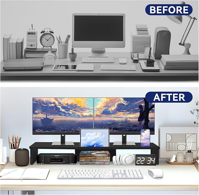 TV Riser Stand with LED Lights, 42.5in Super Large Monitor Stand with Phone Tablet Holder, Tabletop TV Stand Riser for Desk, Desktop Organizer for Computer, TV, Laptop, Printer