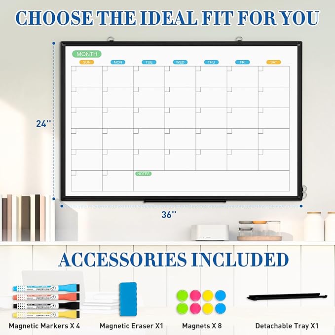 WALGLASS Dry Erase Calendar Whiteboard for Wall, 36" x 24" Double-Sided Monthly Calendar White Board with Black Aluminum Frame, Hanging or Wall Mount Whiteboard for Home, Office, School