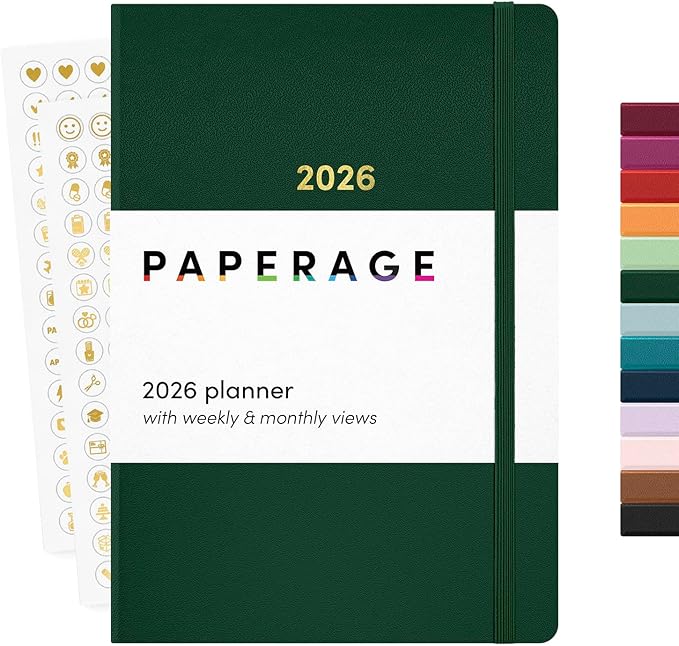 PAPERAGE 2026 Weekly & Monthly Planner, 12 Months (January 2026 - December 2026), 5.6 in x 8 in, Hardcover 2026 Planner with Weekly & Monthly Spreads, Note Pages, Stickers & Back Pocket – Dark Green