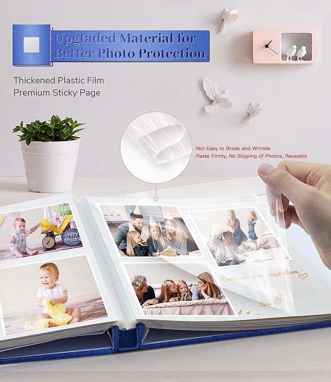 Photo Album Self Adhesive Scrapbook Album for 3x5 4x6 5x7 8x10 Pictures,60 Pages Linen Cover with Display Window DIY Photo Book,Ideal Gifts for Family Travel Wedding Baby