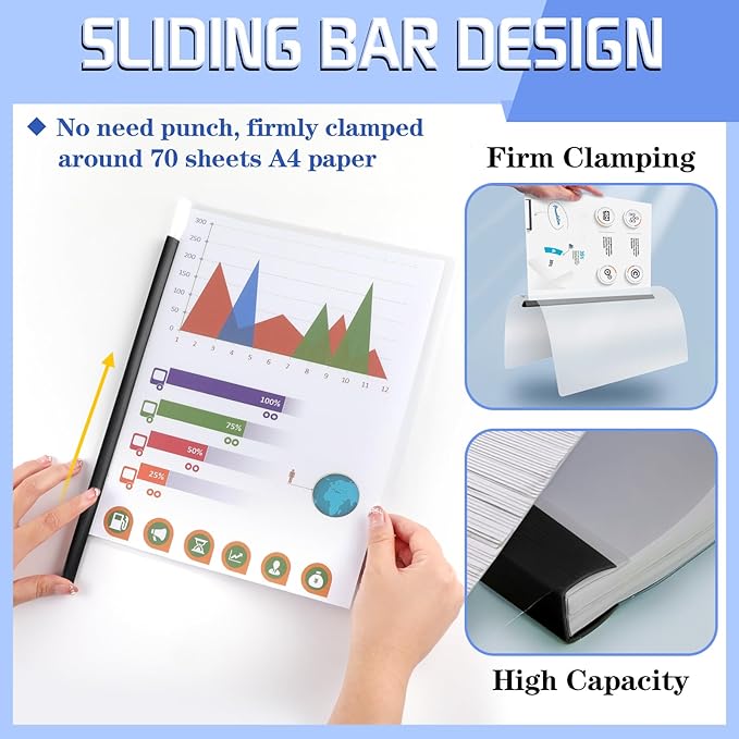 50 Pack Report Covers with Sliding Bar, Clear Report Covers for A4 and Letter Size Paper, Presentation Folders Resume Document Covers for School Office, Black