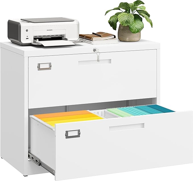 SISESOL 2 Drawer Lateral File Cabinet with Lock,White Lateral Filing Cabinet,Horizontal Metal Filing Cabinets,Locked Wide Two Drawer File Cabinets for Office Home,Fit A4/F4/Letter/Legal File