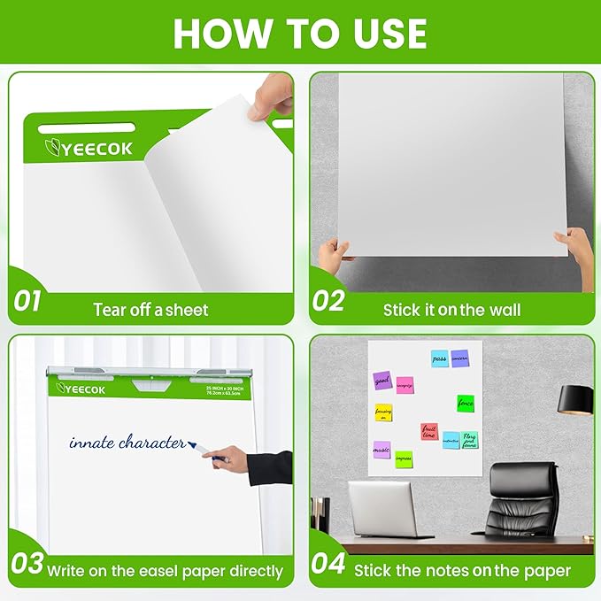 Sticky Easel Pad 25 in x 30 in, 30 Sheets/Pad, 8 Pads/Pack, Sticky Flip Chart Paper for Teachers, Super Sticking Power & Bleed-Resistant