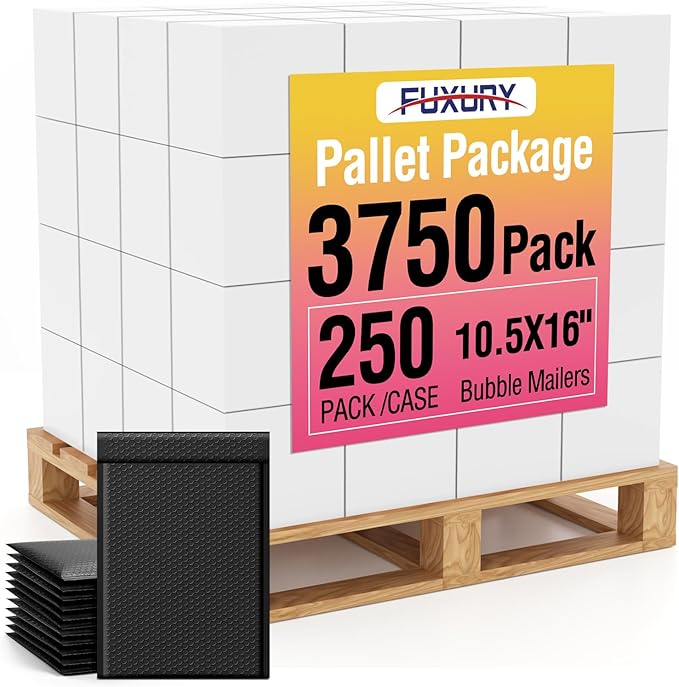 Fuxury Black Bubble Mailers 10.5x16" Padded Envelopes 3750Pack Bulk Strong Adhesion Full Pallet of Padded Mailers Thick Bubble Envelopes for Small Business Mailing Books Clothes Makeup Supplies