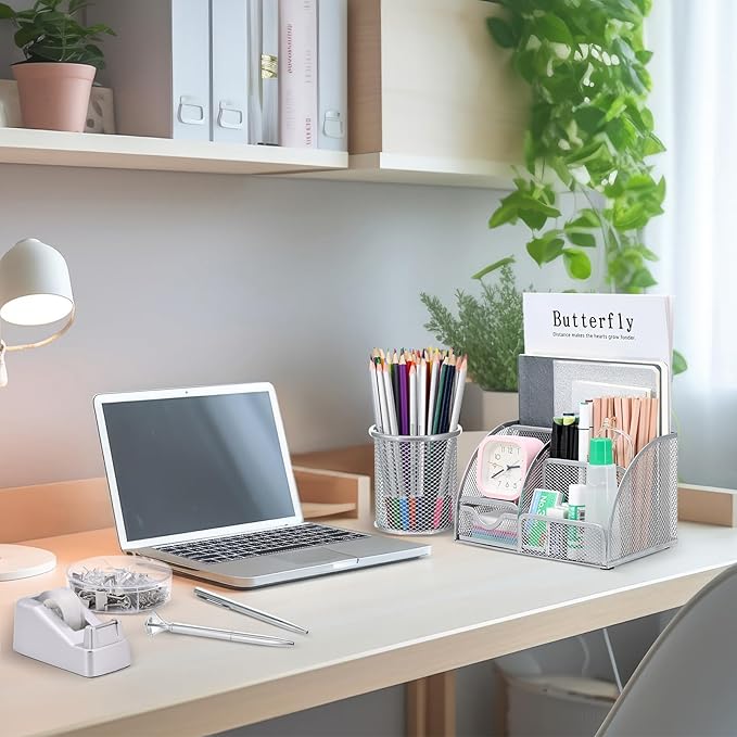 SYMDROMIA 13-in-1 Office Desk Organizer Set with Stapler and Tape Dispenser, Pen Holder, Scissors, Ruler, Hole Punch, 2 Pens & More Desktop Accessories for Back to School Supplies (Silver)