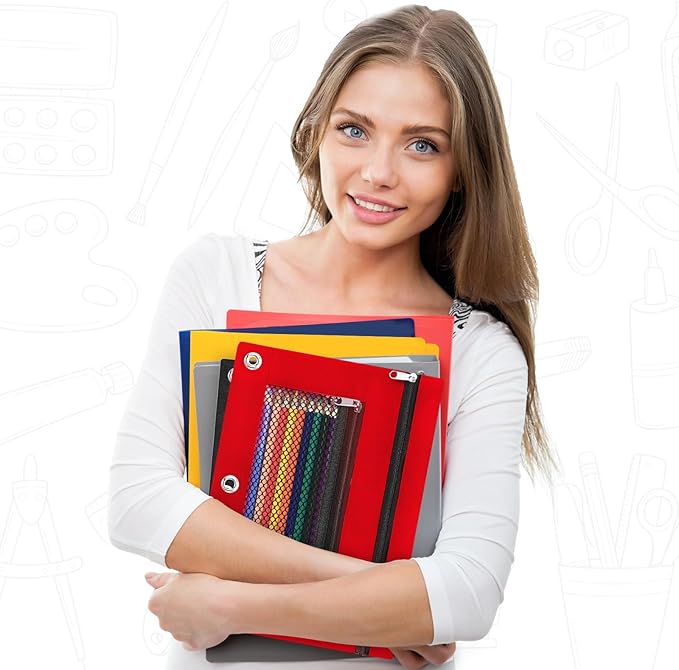 Pencil Pouch for 3 Ring Binder - 3 Hole Zipper Pen Case Bag Holder Bulk Accessories Clear Window Aesthetic Organizer Pockets (Red, 1)