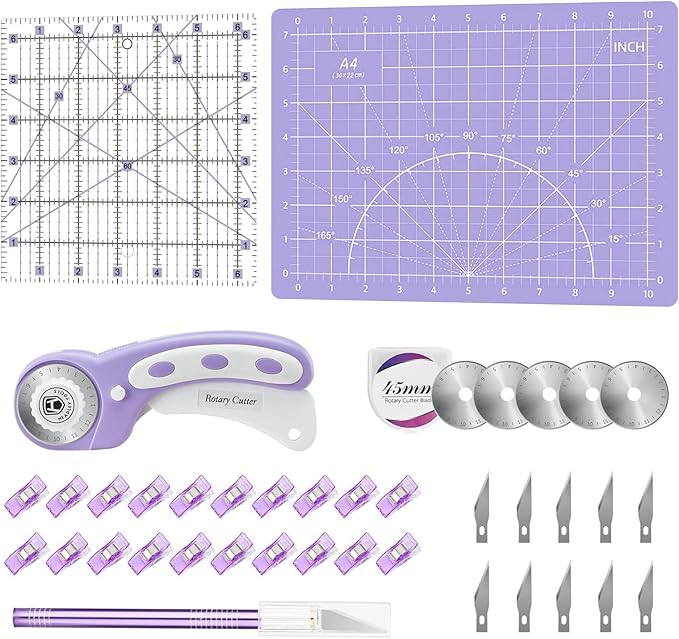 Headley Tools 39 Pcs Rotary Cutter Set - Quilting Kit incl. 45mm Fabric Cutter with 5 Extra Blades, A4 Cutting Mat, 2 Craft Knife Set, Sewing Clips, Ideal for Crafting, Sewing, Patchworking Purple