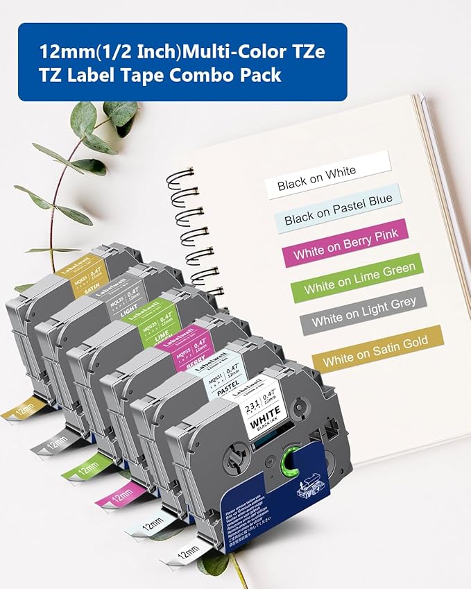 6-Pack 12mm 0.47 Laminated Multi Color Compatible for TZe-231 TZe231 MQ531 MQP35 MQG35 MQL35 MQ835 TZ Tape for P Touch PT-H110 D210 D220 D400, White/Blue/Blue/Green/Sliver/Gold