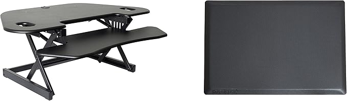 Rocelco 46" Height Adjustable Corner Standing Desk Converter with AC Outlet USB Charger and Anti-Fatigue Floor Mat - Sit Stand Up Tabletop Riser - Keyboard Tray - Black (R CADRB-46-ACUSB-MAFM)