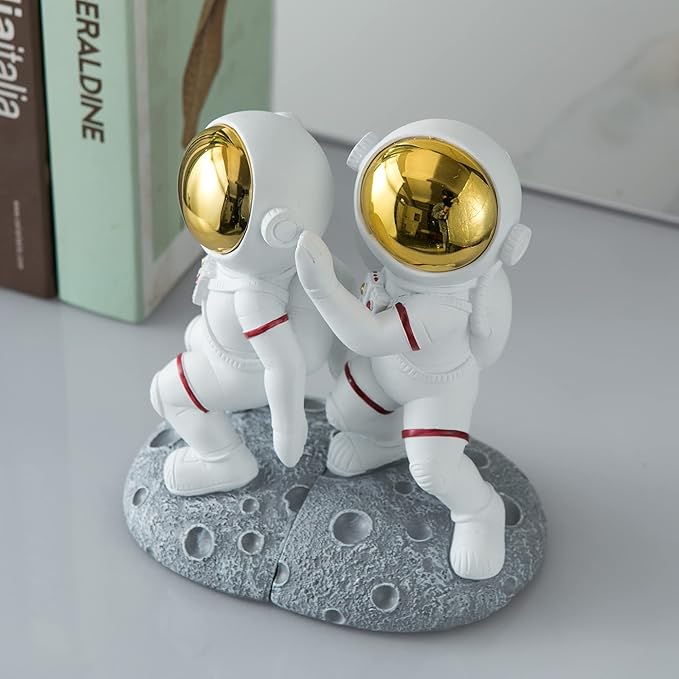 Space Theme Bookends for Shelves, Astronaut Moon Book Ends for Kids Room, Decorative Planet Book Stoppers to Hold Books Heavy Duty, Unique Boys and Girls Gift (Gray)