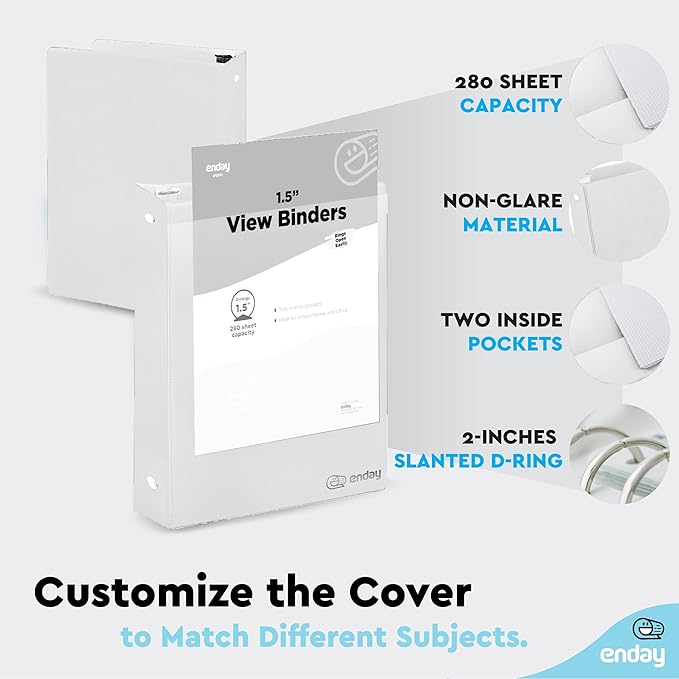 3 Ring Binder 1.5 Inch White, 1 ½ inch Binder Clear View Cover with 2 Inside Pockets, Colored School Supplies Office and Home – by Enday