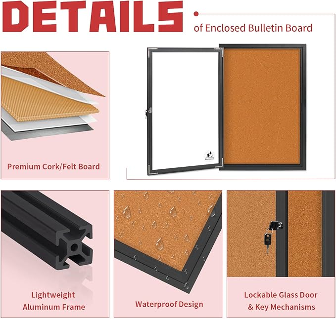 Enclosed Bulletin Board,Outdoor Weatherproof Cork Noticeboard with Locking Door, Wall-Mounted Black Aluminum Frame,Display Case Message Board for Office Home,36x24 Inch (5xA4)