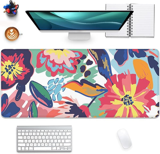 Abstract Floral Leaves Mouse Pad Desk Mat,Boho Art Extended Gaming Mouse Pad with Stitched Edges,Non-Slip Waterproof Rubber Base for Office,Computer,Keyboard,Laptop and Home Desk Pad(27.5X11.8 in)