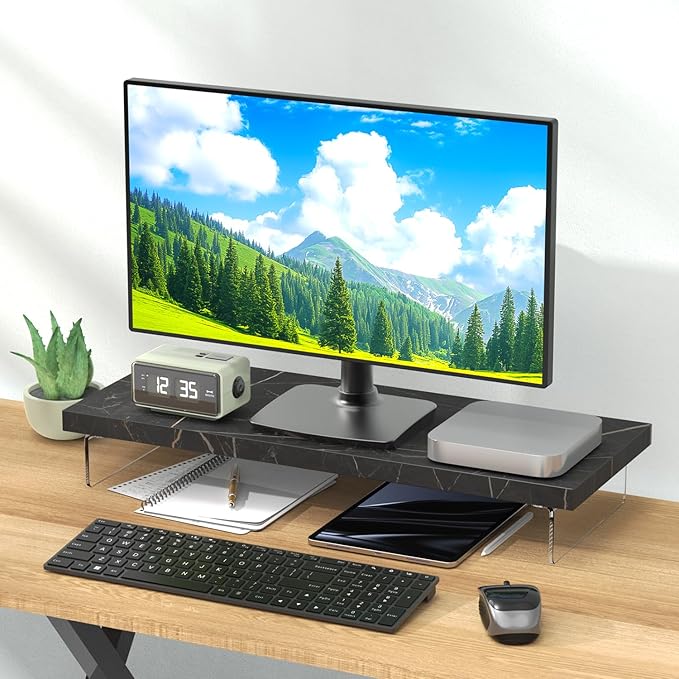 Monitor Stand Riser, Wood & Acrylic Computer Monitor Stand Desk Desktop Organizer Table for Home, Office Workspace, Laptop Riser, Printer, PC & TV Screen Riser